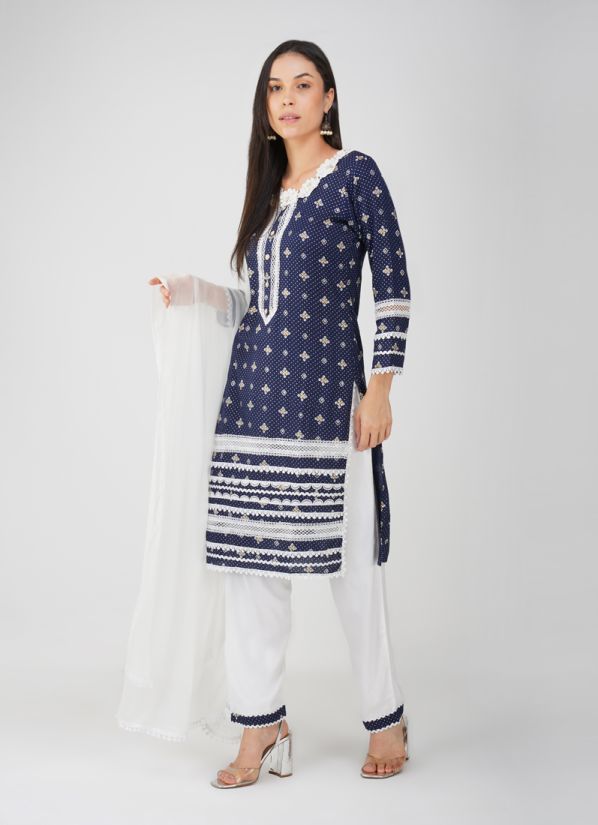 Blue Rayon Straight Cut Printed Suit Set