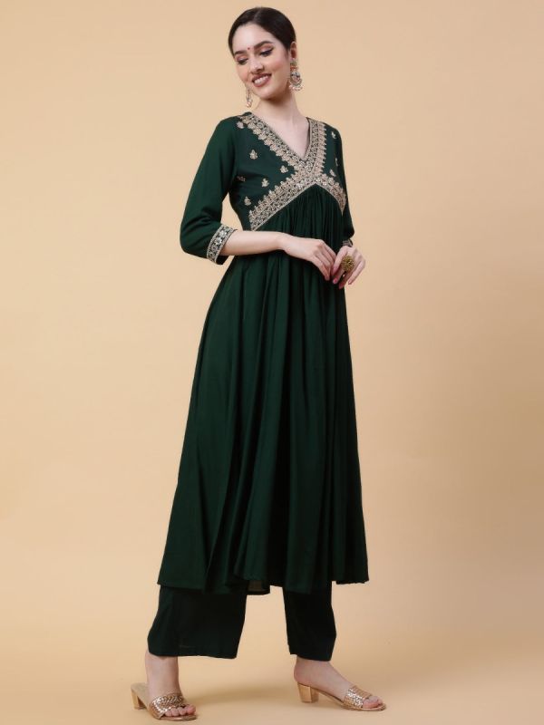 Dark Green Flared Embroidered Suit Set