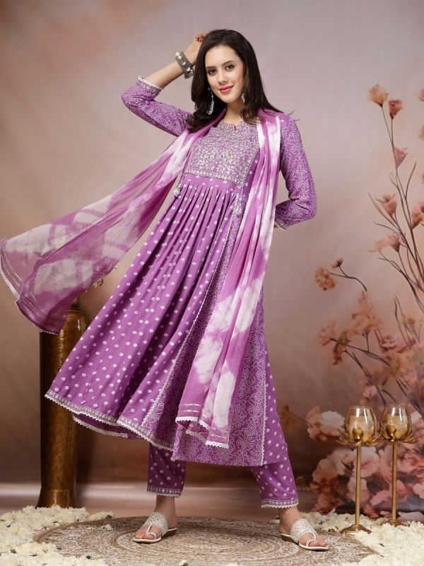 Purple Flared Embroidered Suit Set