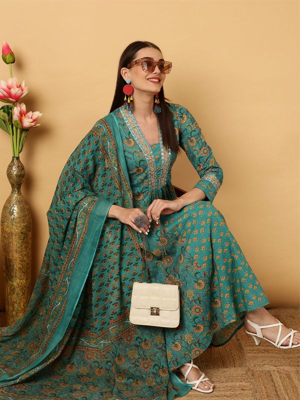 Buy Turquoise Cotton Embroidered Suit Set