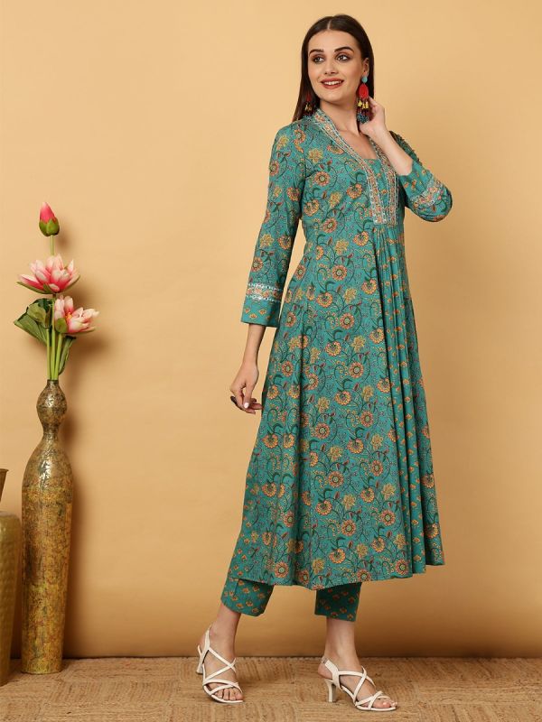 Turquoise Cotton Embroidered Suit Set