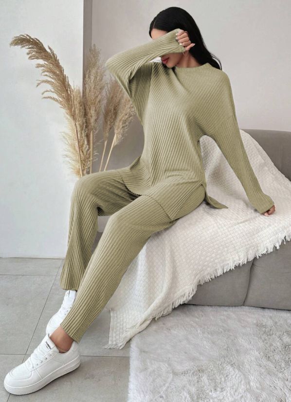 Buy Olive Green Cotton Ribbed Co-Ord Set