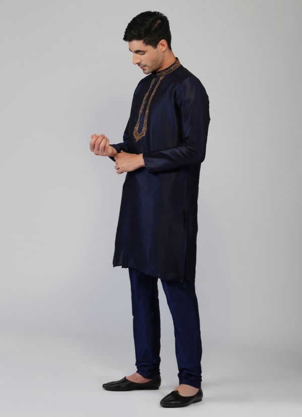 Navy Blue Dupion Silk Resham Threadwork Kurta Churidaar Set
