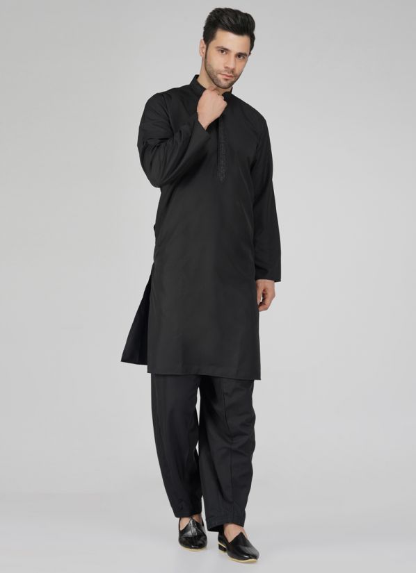 Black Polyester Embroidered Mens Kurta Salwar Set