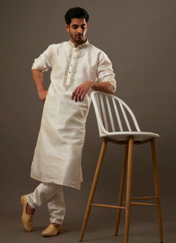 Buy Men's White Embroidered Silk Kurta Pyjama Set