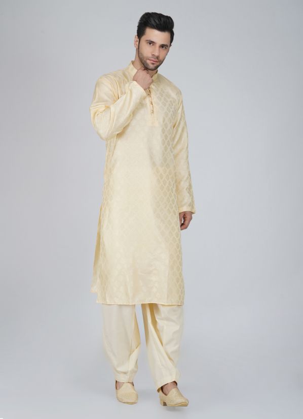 Men's Stylish Off-White Jacquard Kurta Pyjama