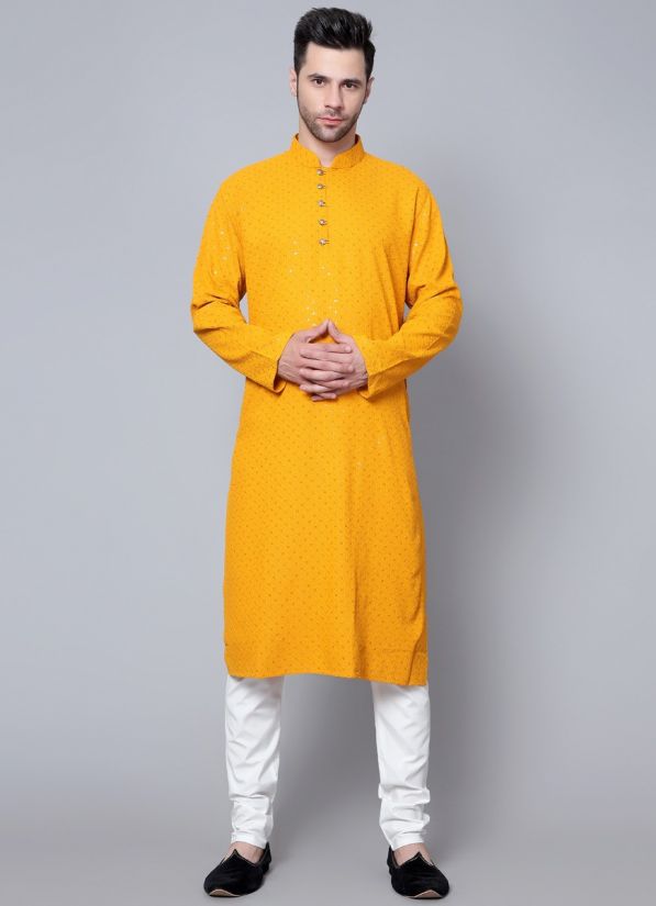 Men's Mustard Chikankari Kurta Pajama Set