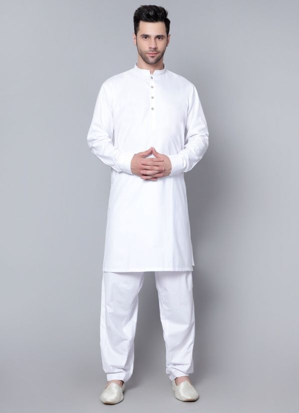 Buy Men's Plain White Button Down Kurta Salwar Set