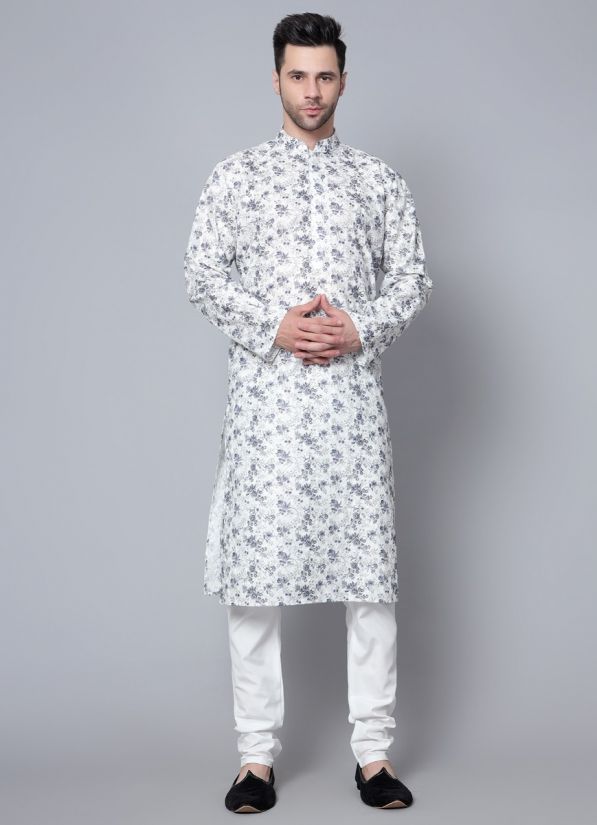 Men's White Digital Printed Chikankari Kurta Pajama Set