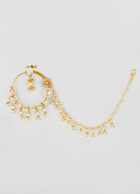 Gold Nose Ring With Kundan And Pearls