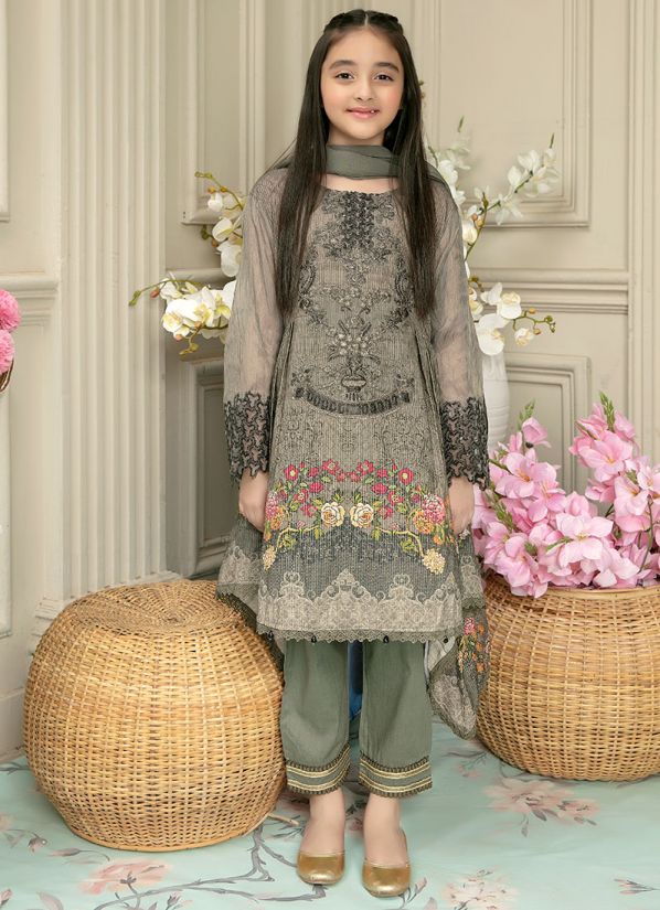 Kids Grey Embroidered Lawn Suit Set