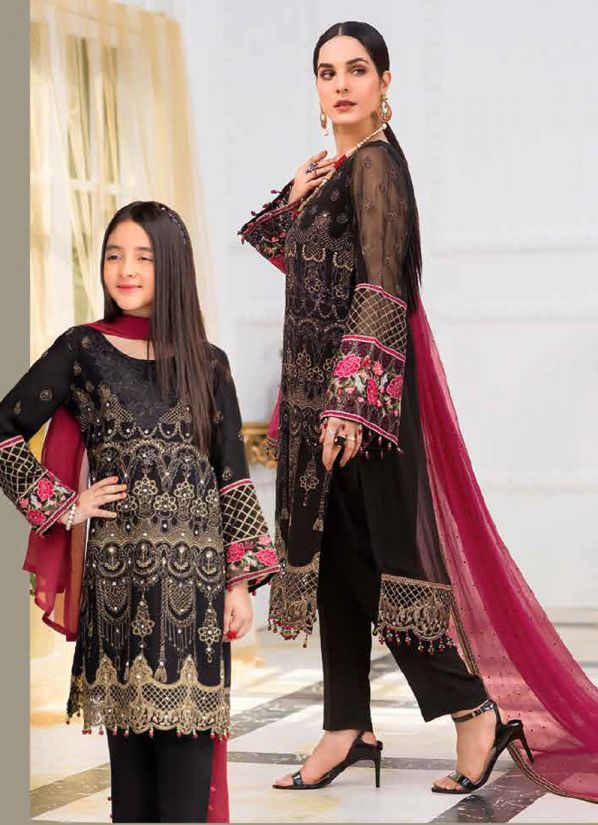 Girl's Black Embroidered Chiffon Trouser Set