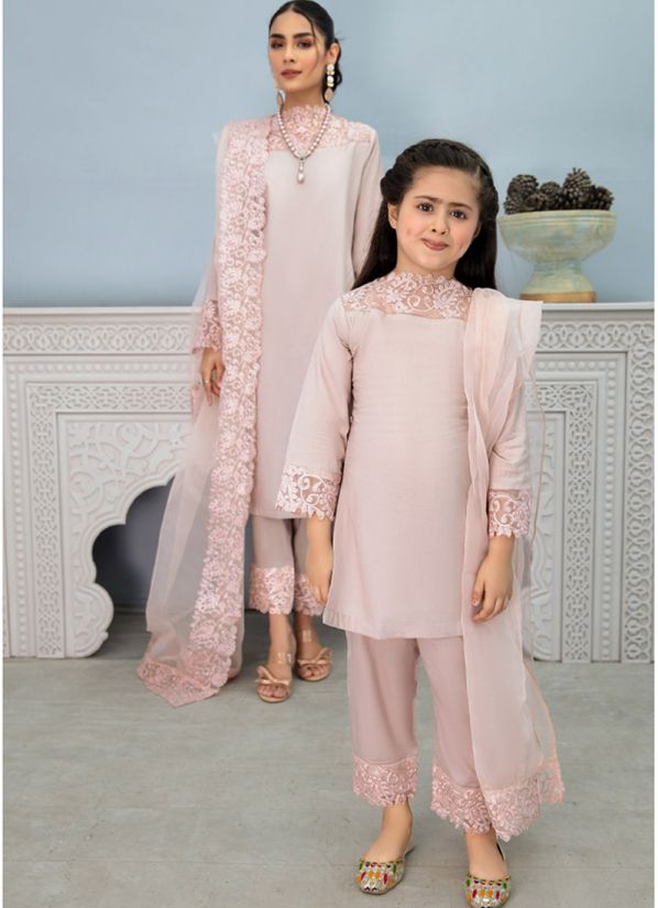 Kids Light Pink Lawn Cotton Crochet Lace Pakistani Suit With Trouser & Dupatta