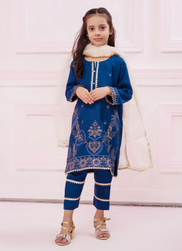 Blue linen embroidered kids suit