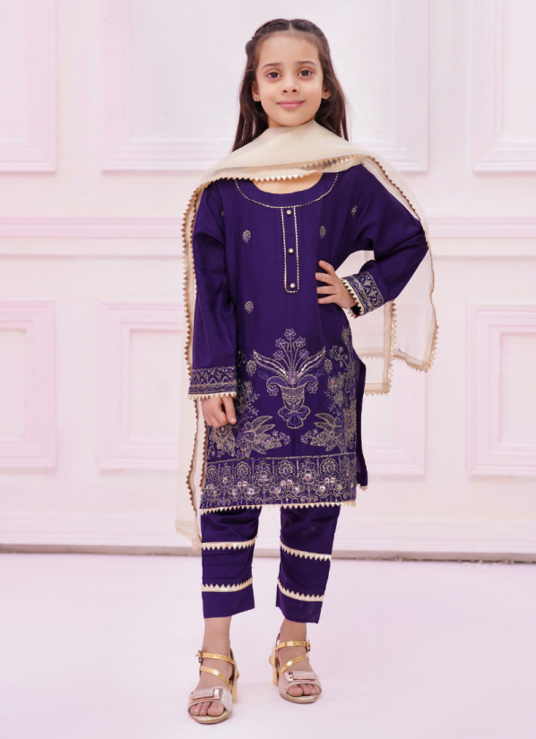 Navy Blue linen embroidered kids suit