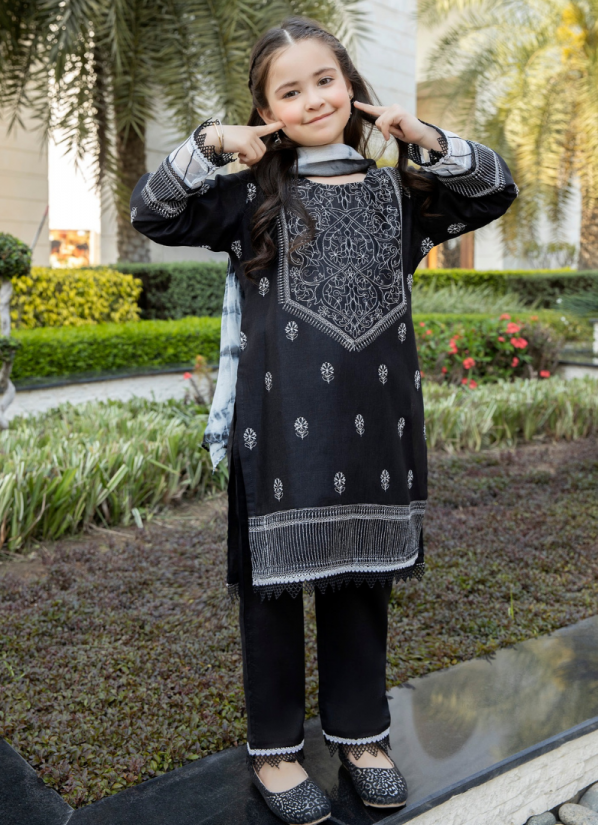 Kids Black Shift Style Lawn Printed Embroidered Suit Set