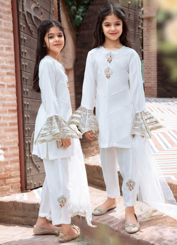Kids White Viscose  Frill Sleeve Embroidered Suit Set