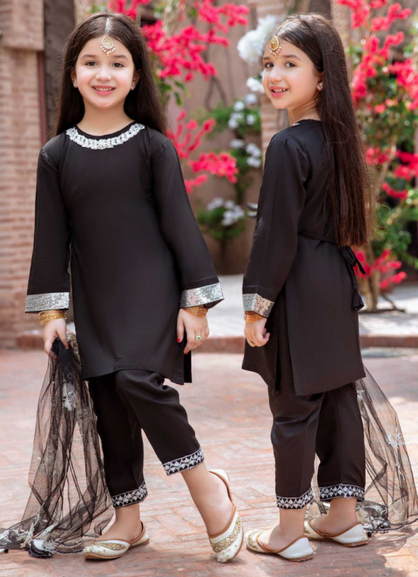 Kids Black Viscose Net Embroidered Dupatta Suit Set