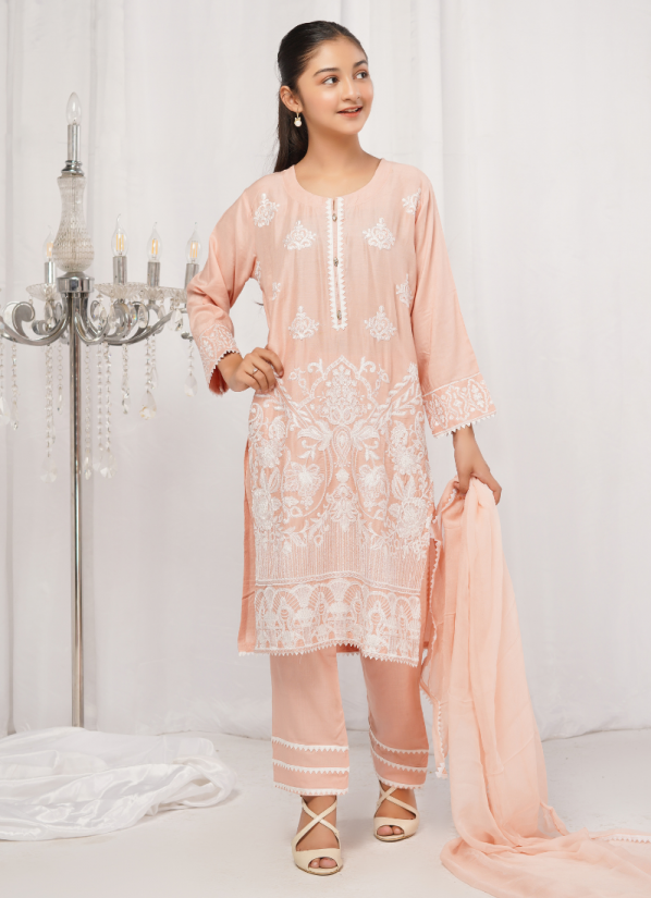 Kids Peach Embroidered Chiffon Trouser Suit