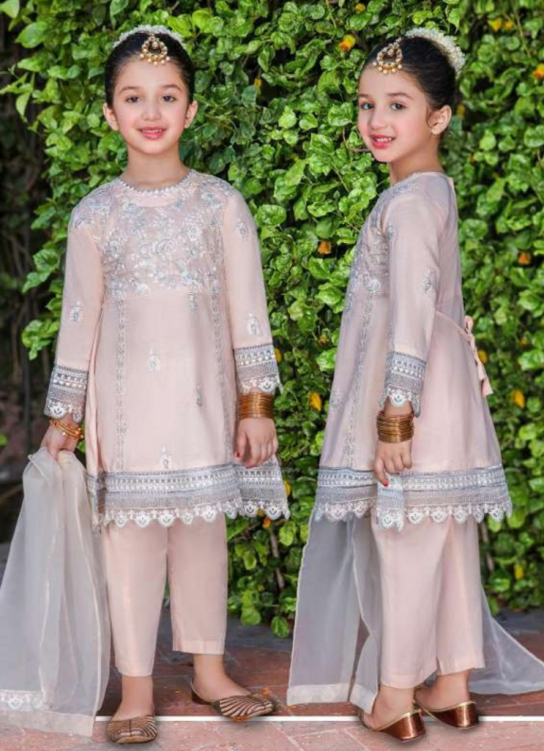 Kids Peach Lawn Embroidered Suit Set
