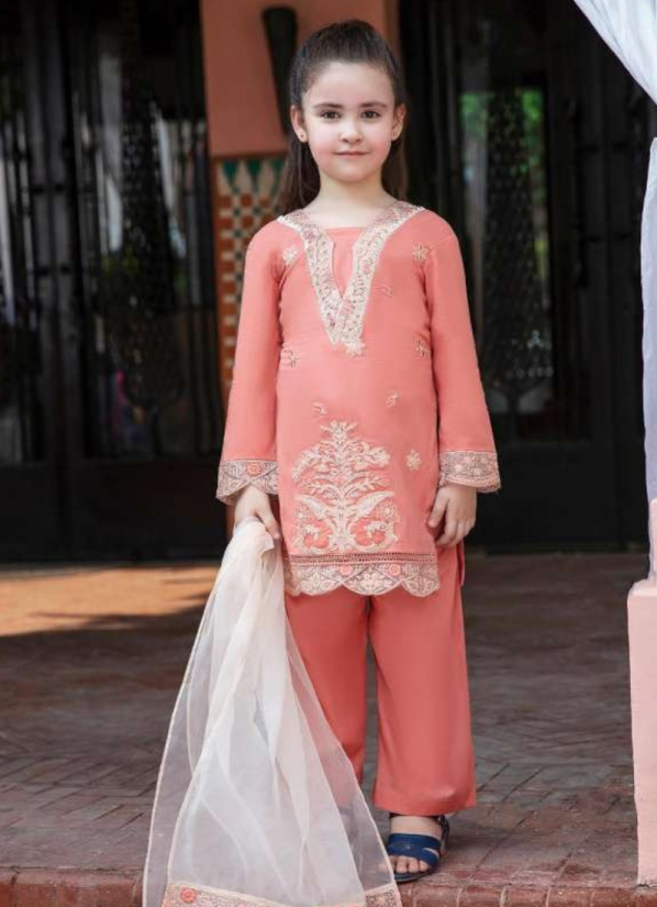 Kids Peach Shift Lawn Embroidered Suit Set