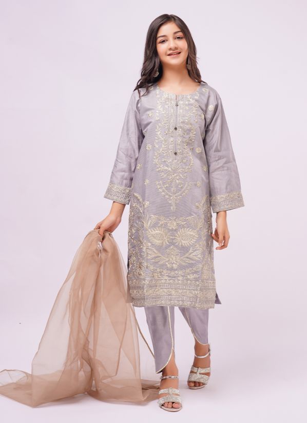 Kids Grey Khadi Cotton Embroidered Suit Set