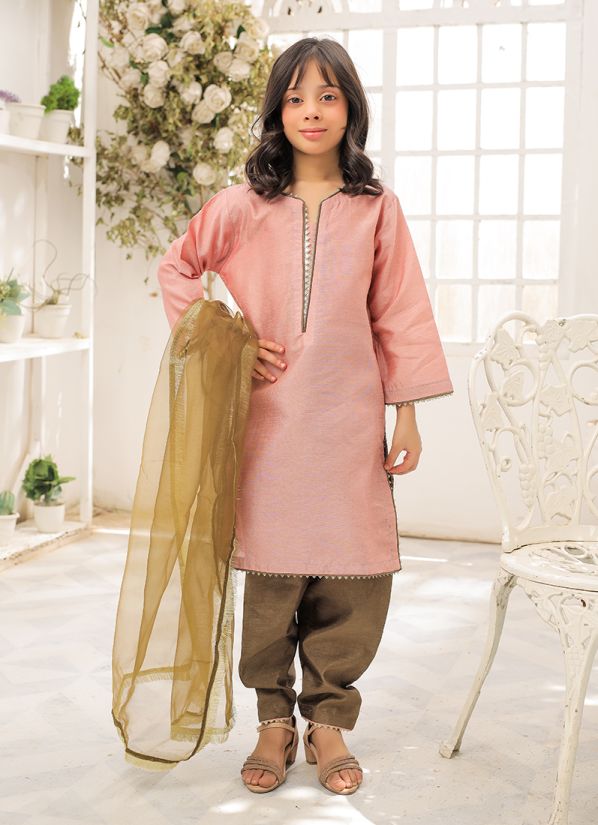 Buy Kid's Pink-Mehendi Raw Silk Suit Set