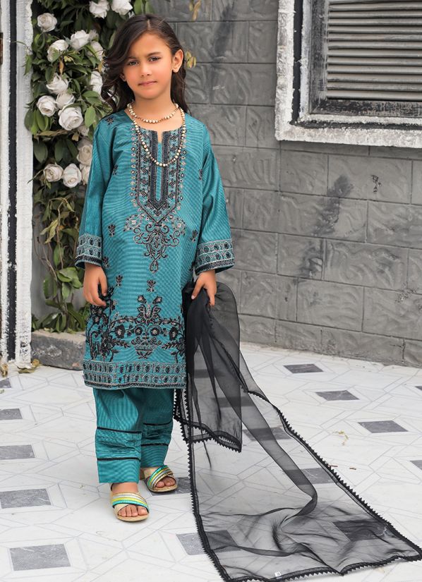 Teal Blue All Over Embroidered Suit Set
