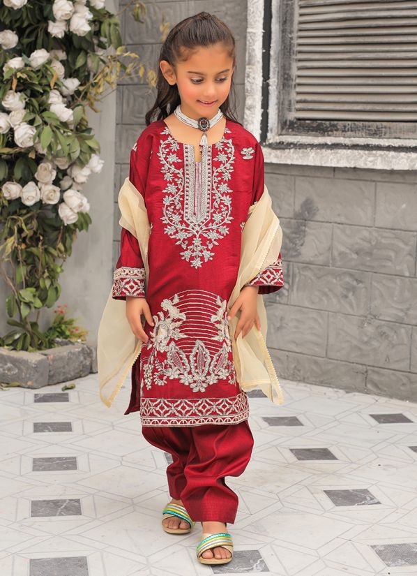 Maroon All Over Embroidered Suit Set