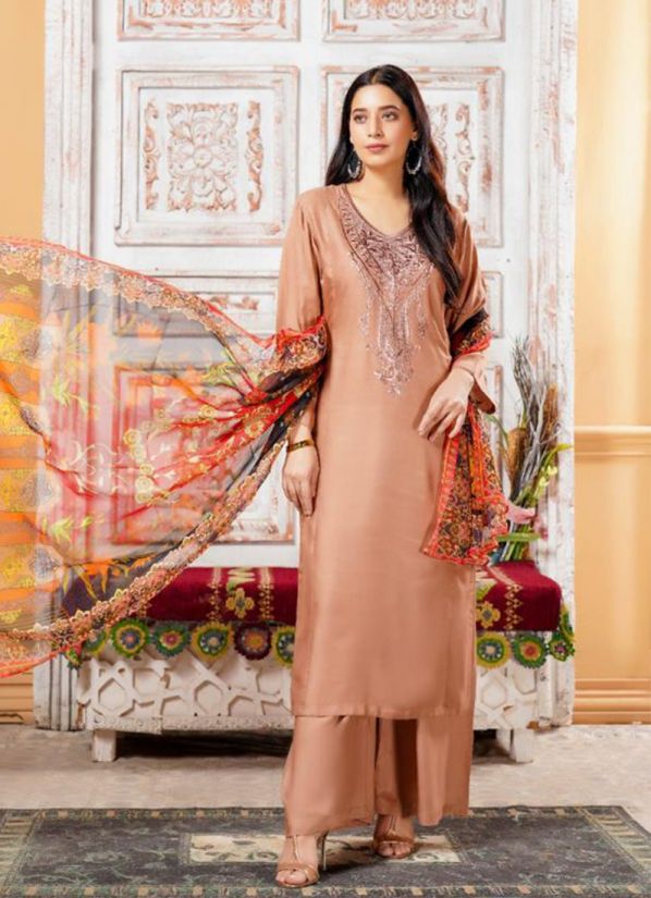 Peach Linen Resham work Pakistani Suit with Palazzo