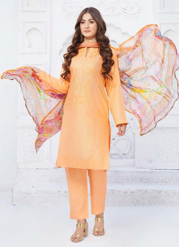 Peach Linen Resham work Pakistani Suit with Palazzo