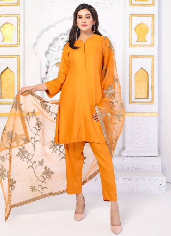 Mustard Linen Pakistani Suit with Trouser & Zari Dupatta
