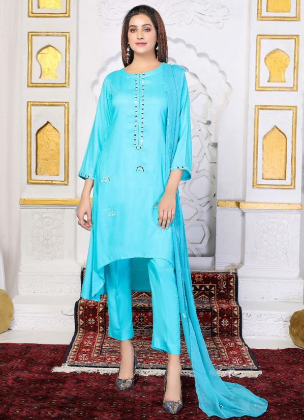 Blue Linen Resham work Pakistani Suit with Trouser & Dupatta
