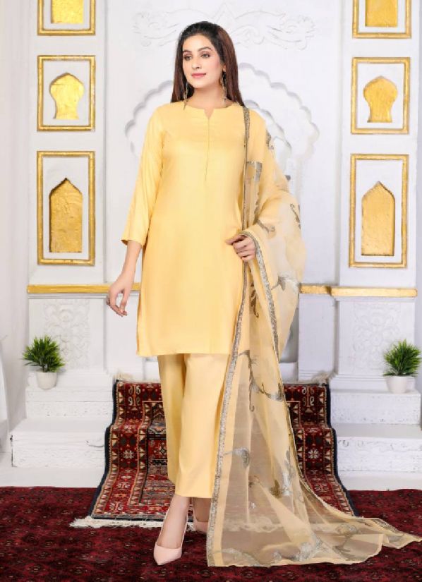 Beige Linen Pakistani Suit with Salwar Trouser & Dupatta