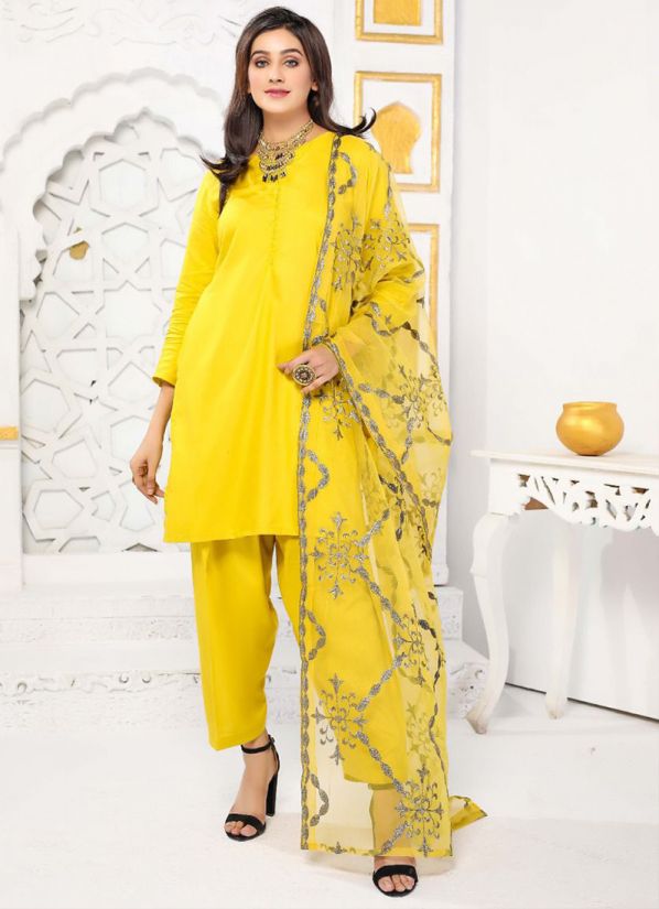 Mustard Linen Pakistani Suit with Salwar & Zari Dupatta