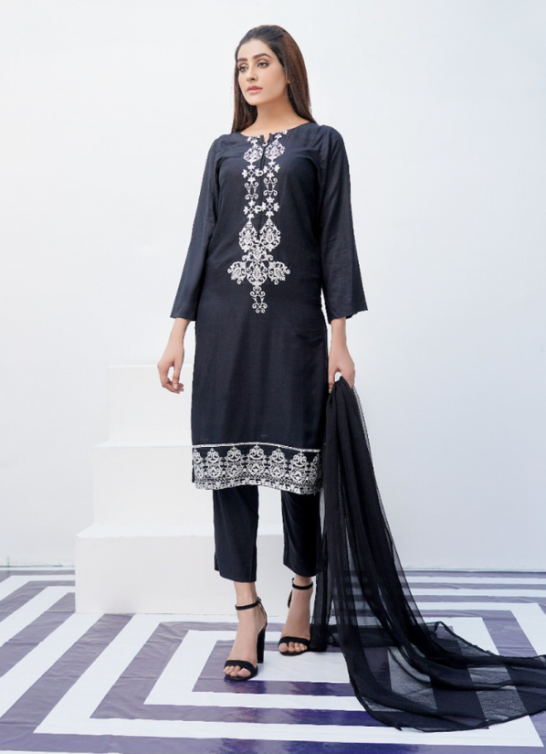 Black Traditional Neckline Embroidered Suit