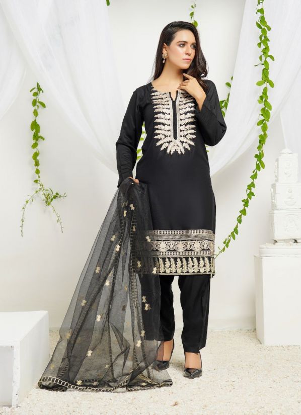 Black Linen Resham Thread Embroidered Salwar Suit