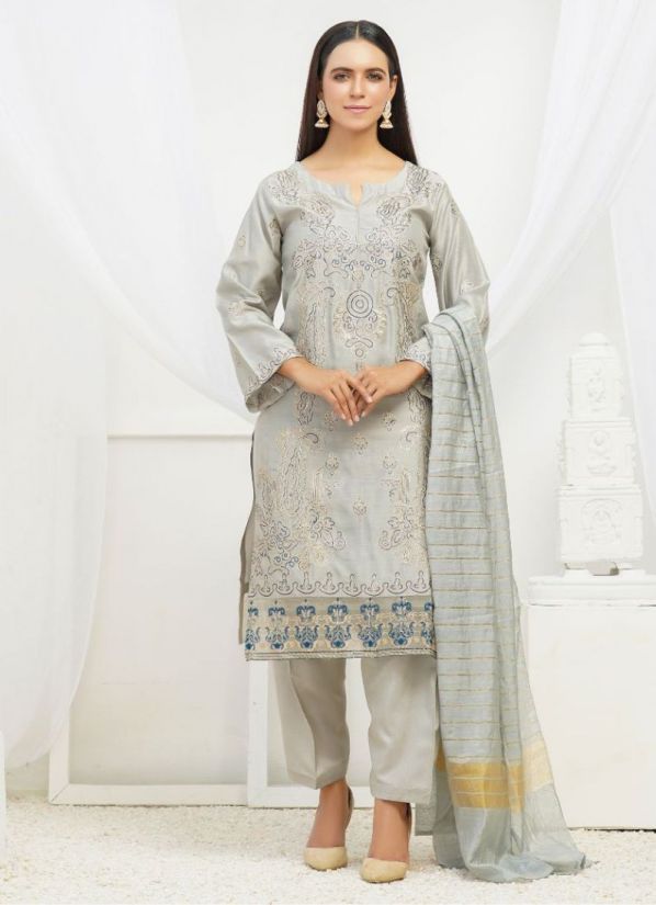 Buy Grey Viscose Indian Suit With Salwar & Woven Dupatta
