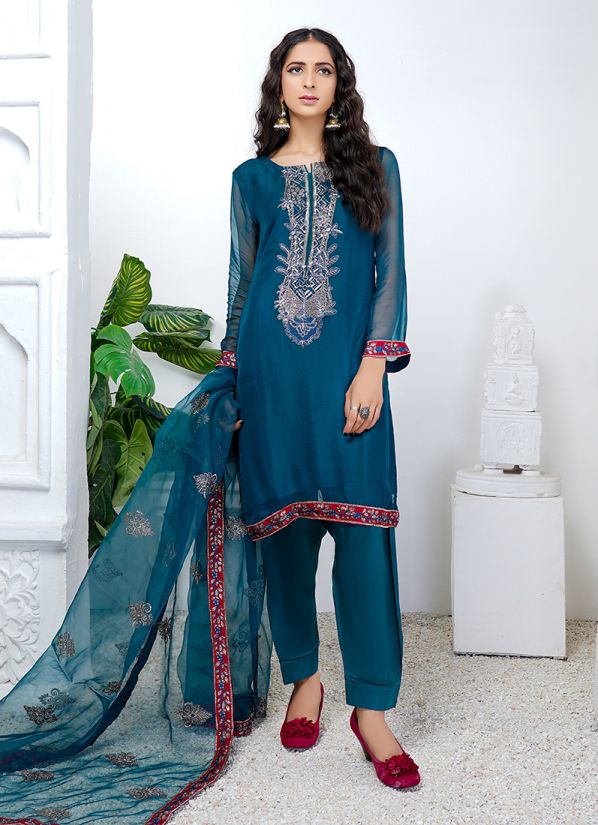Teal Delicate Embroidered Chiffon Kameez Suit Set