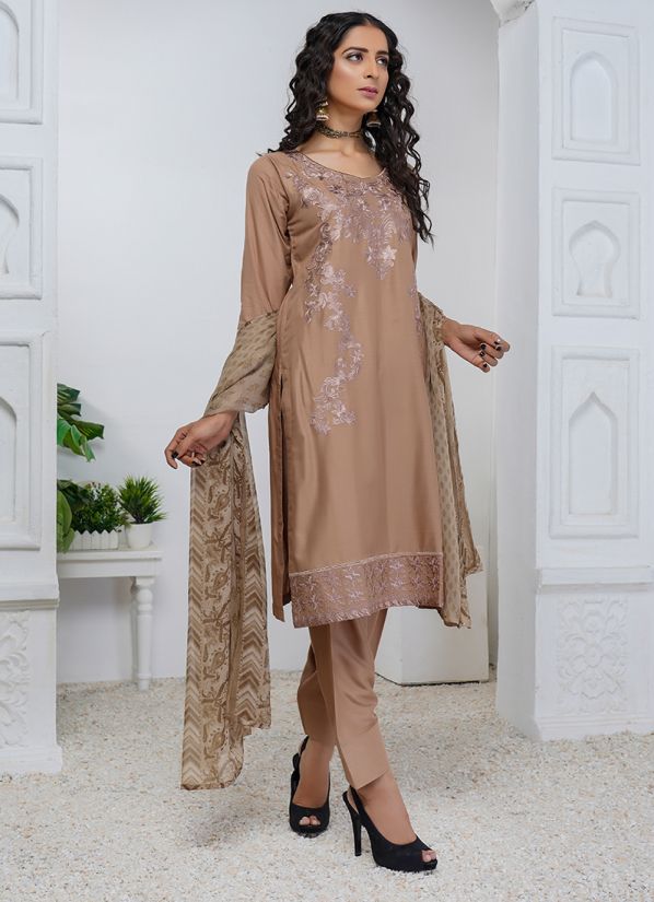 Buy Beige Linen Kameez Ladies Suit with Salwar & Dupatta