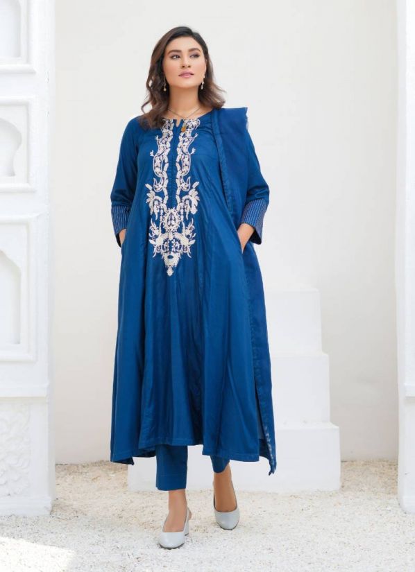 Blue A-line  Embroidered Linen Pakistani Suit Set