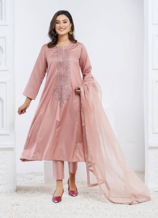 Buy Pink A-line Embroidered Linen Pakistani Suit with Trouser & Dupatta