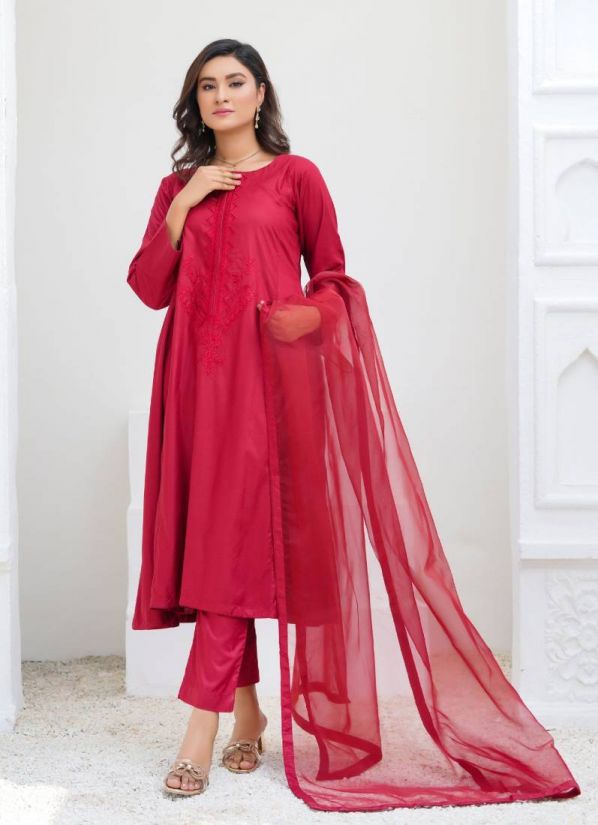 Maroon A-line Embroidered Linen Pakistani Suit Set