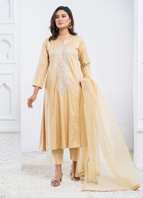 Buy Beige A-line Embroidered Linen Pakistani Suit with Trouser & Dupatta