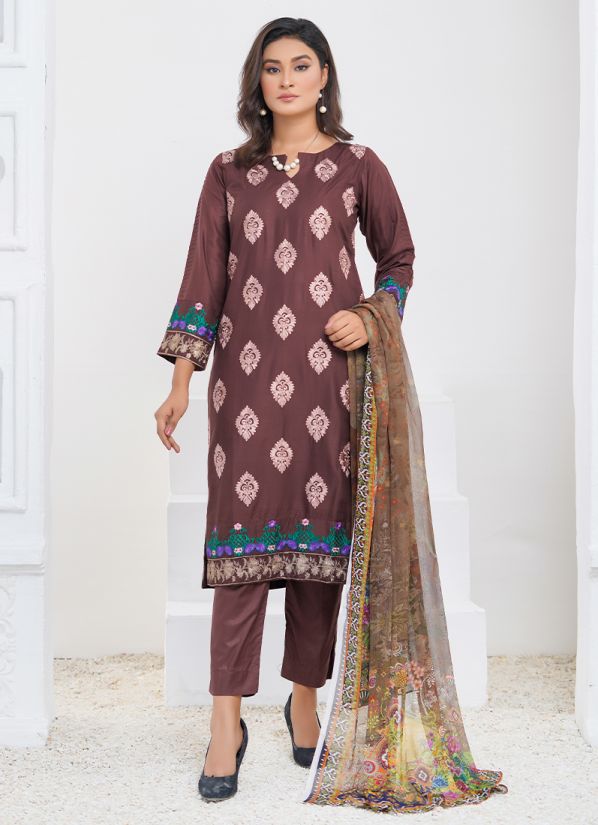 Buy Brown Kameez Pintuck Sleeve Embroidered Pakistani Suit with Trouser & Dupatta