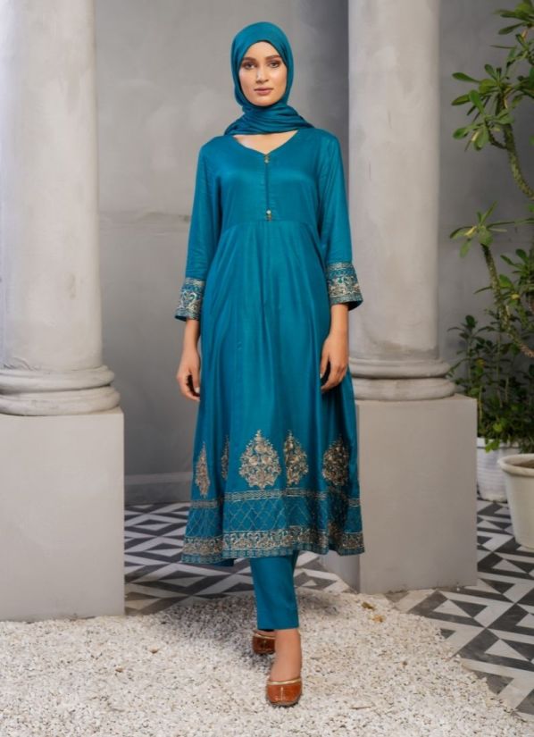 Buy Teal Linen Kali Dress Pakistani Suit with Trouser & Dupatta