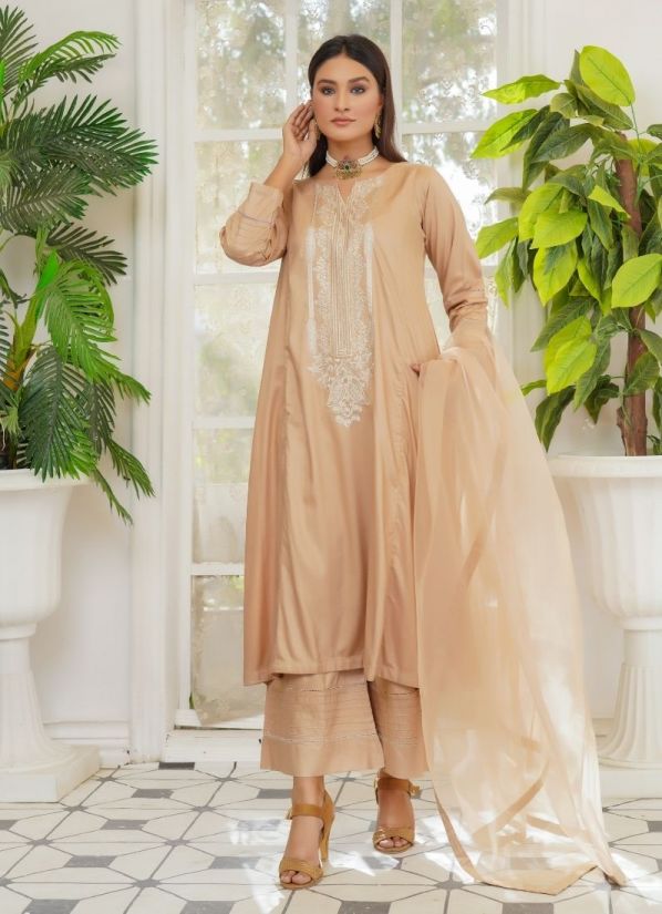 Fawn Linen Self Embroidered Suit Set