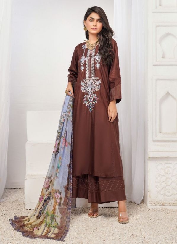 Buy Chocolate Linen Pakistani Suit with Trouser & Dupatta