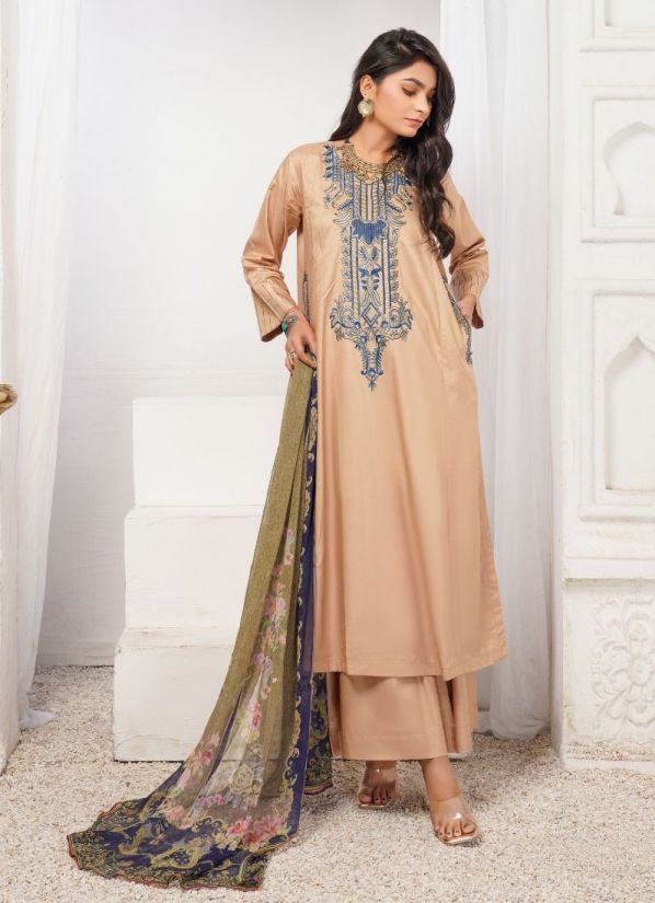 Buy Sand Linen Pakistani Suit with Trouser & Dupatta