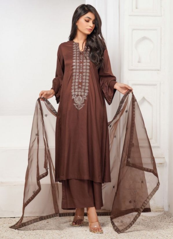 Buy Dark Brown Linen Tilla Pakistani Suit with Trouser & Dupatta